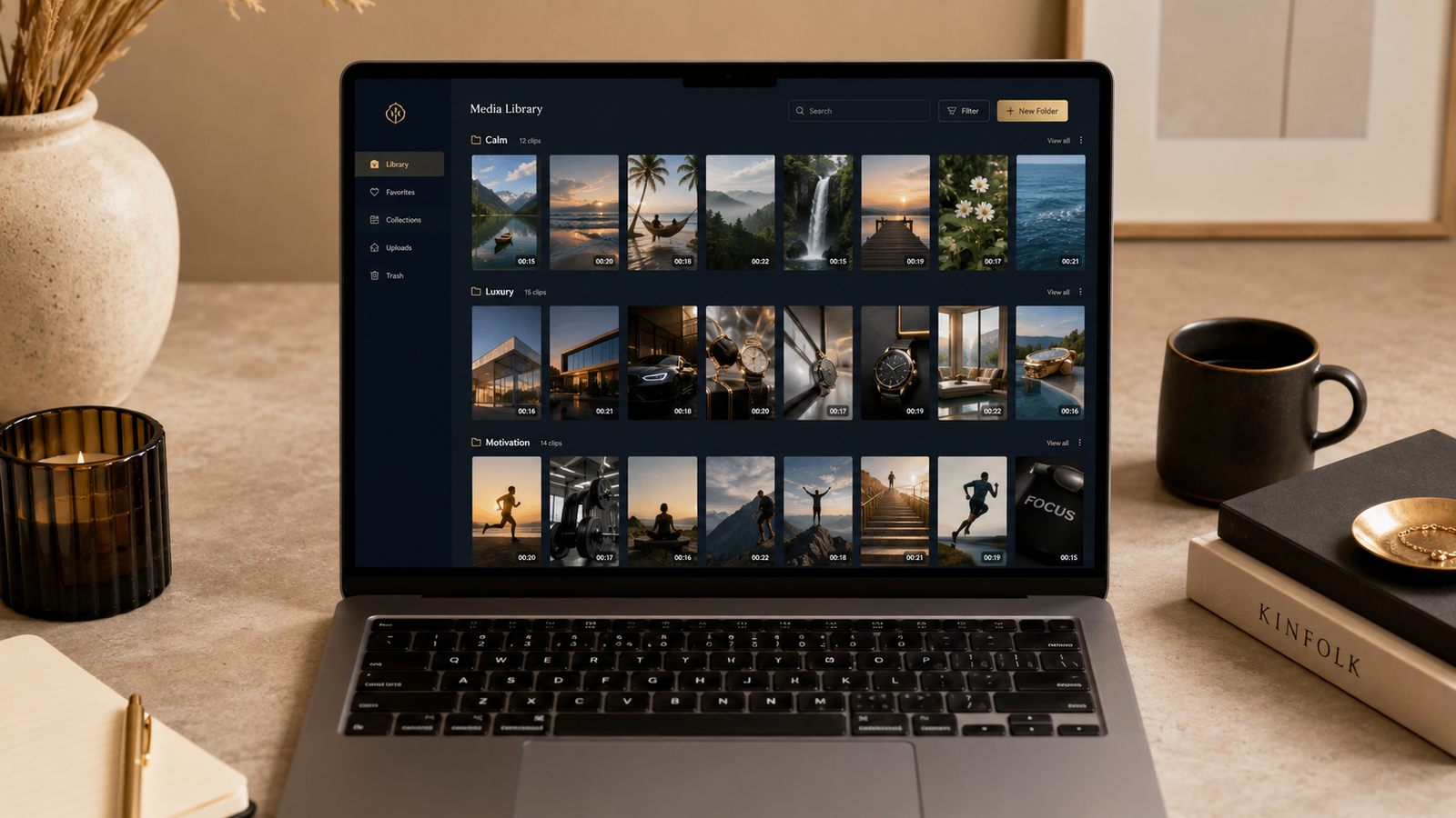 A laptop showing vertical video clips organized into niche folders