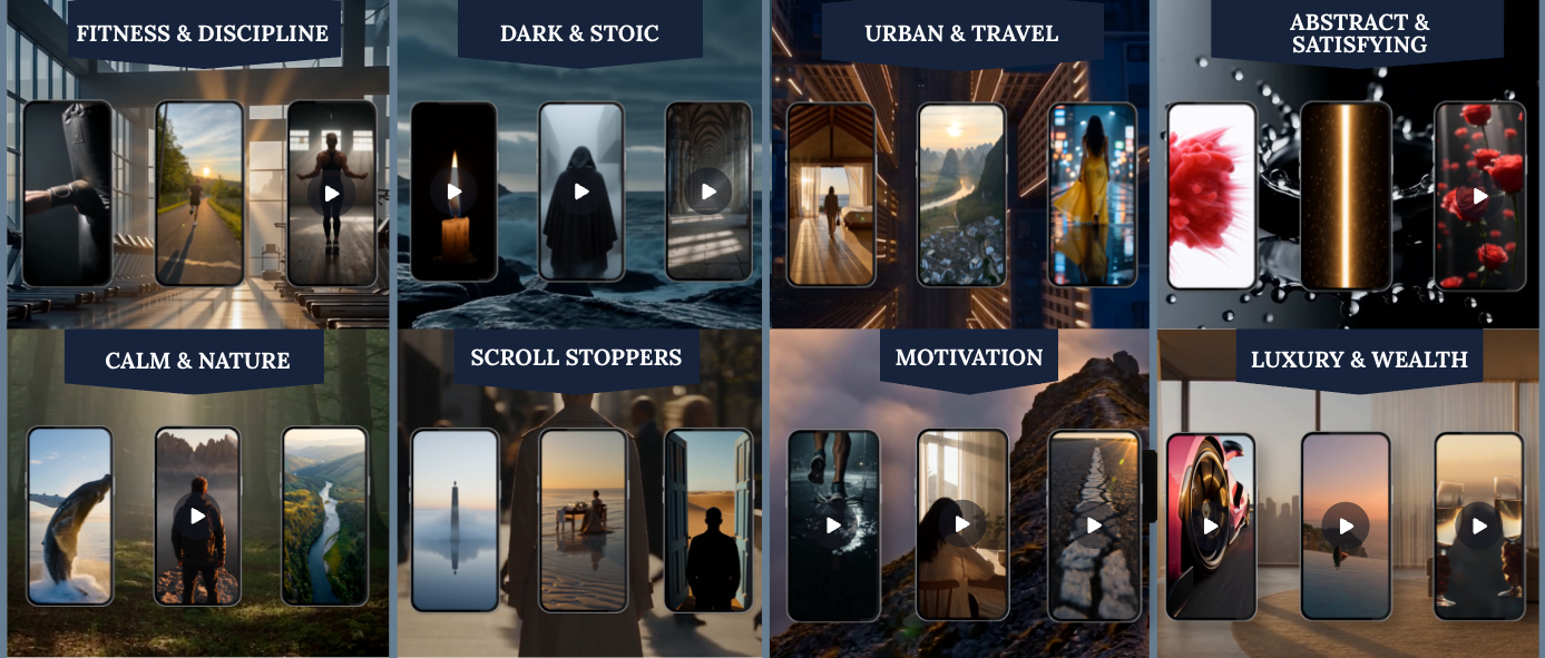 Vertical video clips organized into mood folders on a laptop